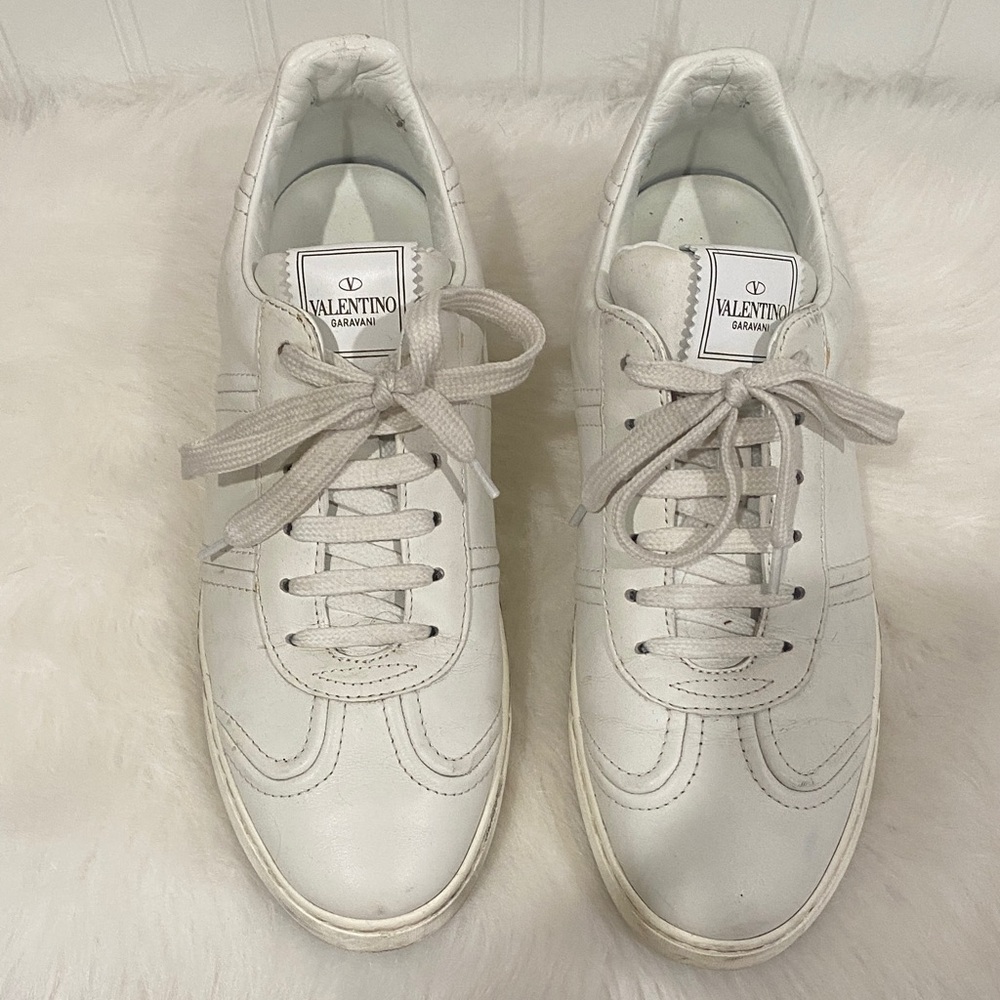 Valentino White Lace-Up Sneakers with silver studs